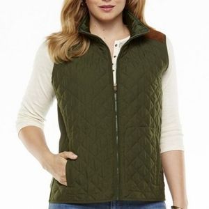 Chaps Green Quilted Zip Vest Faux Suede Shoulders Hunting Equestrian Medium